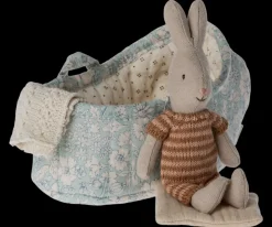 New Maileg Rabbit in carry cot, Micro - Marron/Dark powder